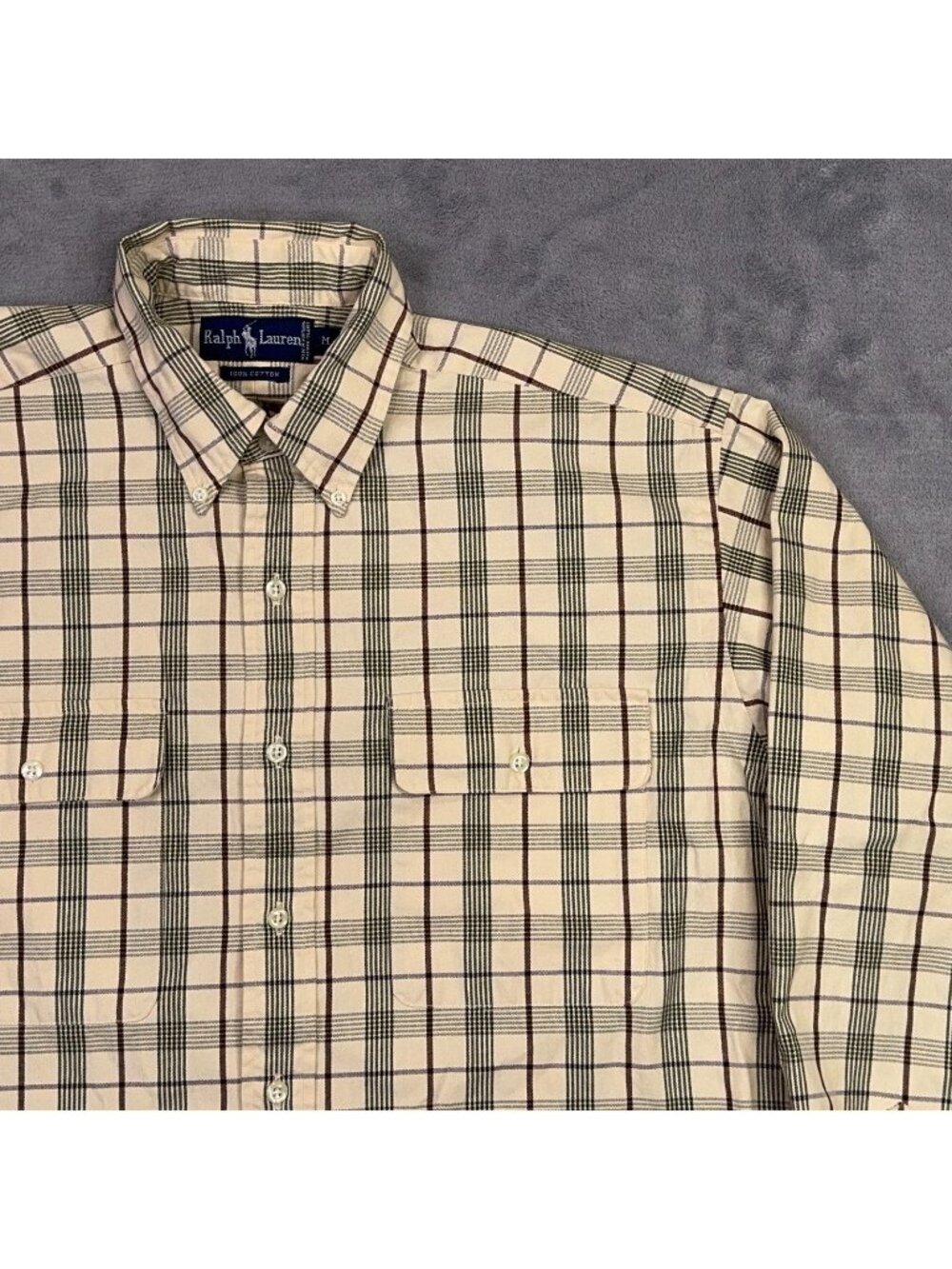 Ralph Lauren Shirt Mens Medium M Beige Plaid Button Down Canvas Woven Casual